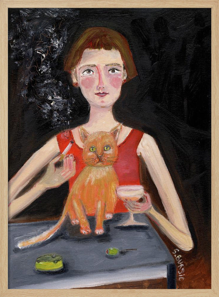 Vintage Frau mit Cocktail und Katze | Poster