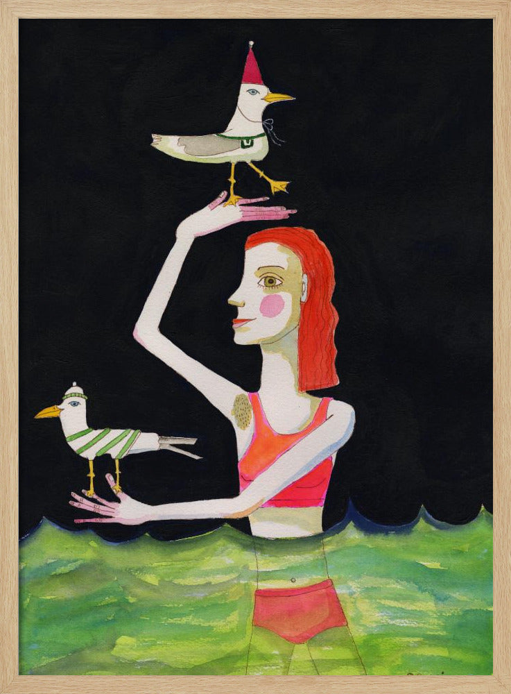 Schwimmende Dame mit Vögeln | Poster