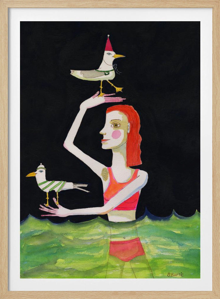 Schwimmende Dame mit Vögeln | Poster