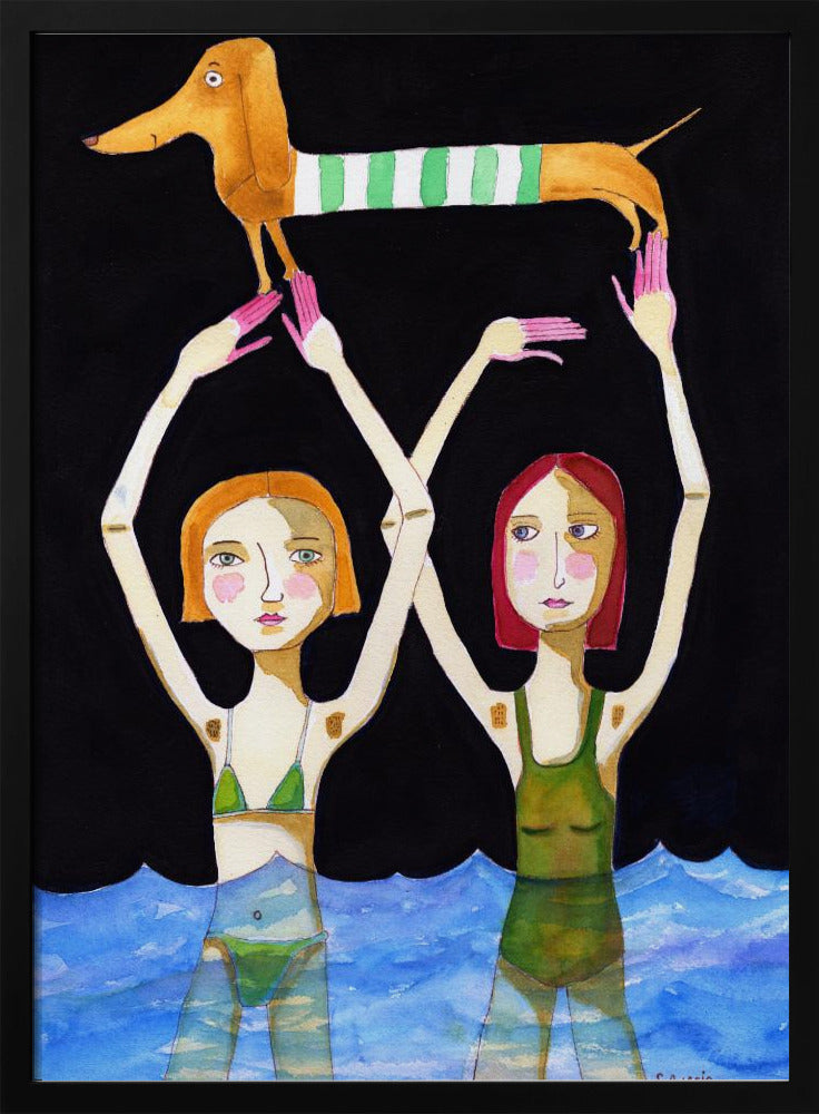 Schwimmende Mädchen mit Dackel | Poster