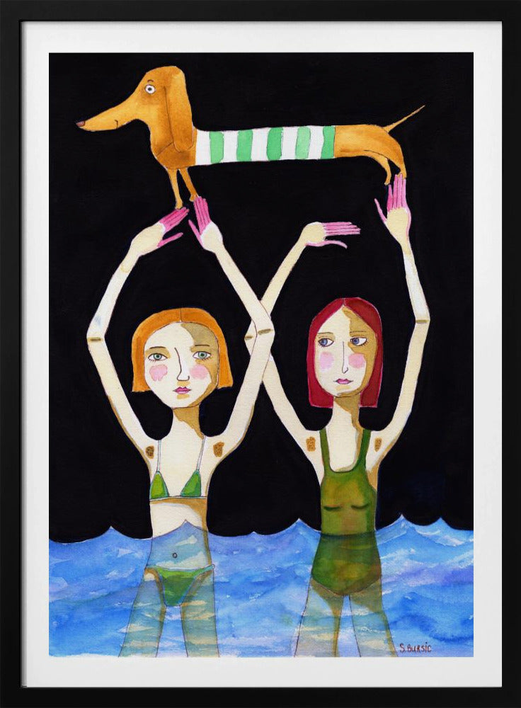 Schwimmende Mädchen mit Dackel | Poster