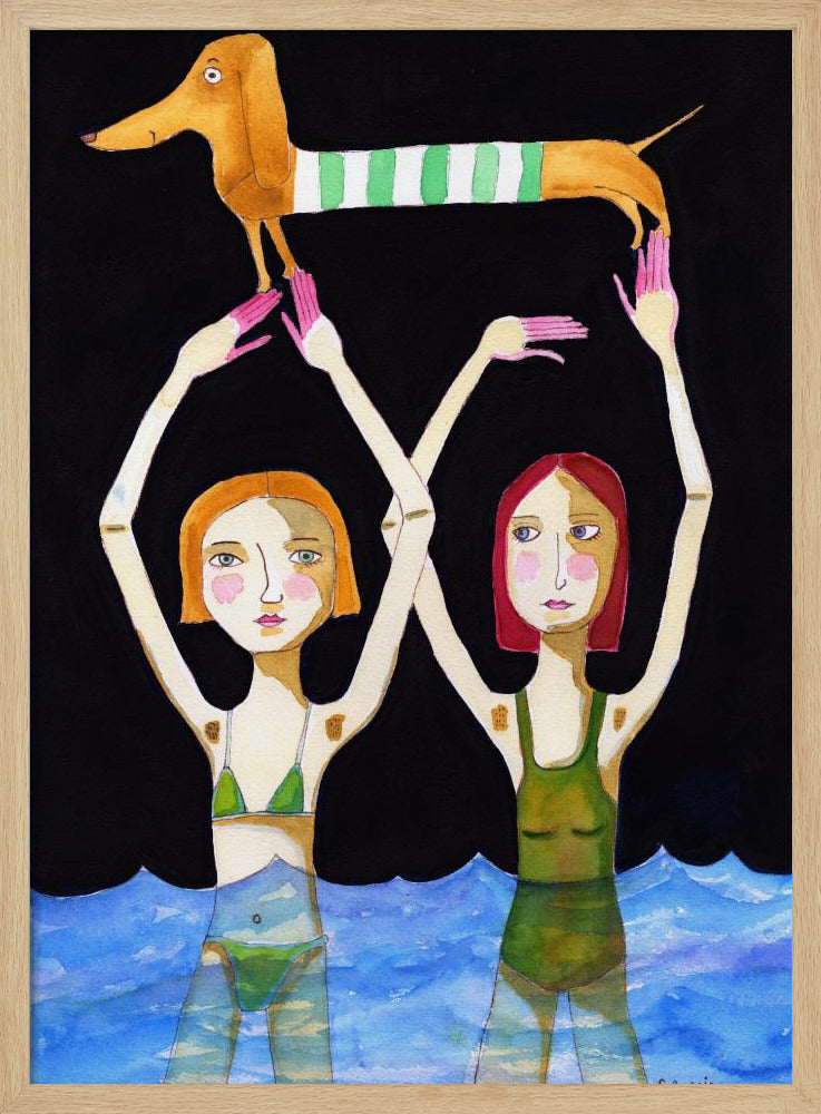 Schwimmende Mädchen mit Dackel | Poster