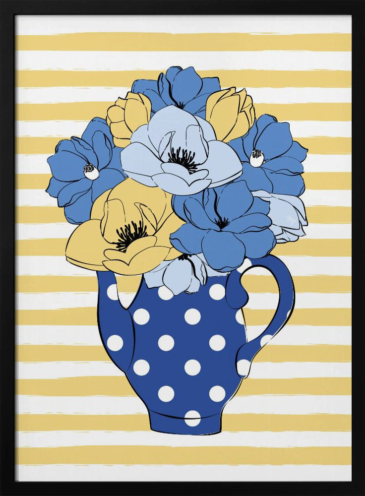 Blaue und gelbe Blumen in einer gepunkteten Vase | Poster