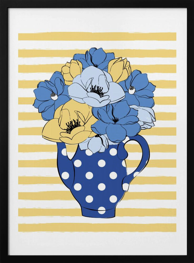 Blaue und gelbe Blumen in einer gepunkteten Vase | Poster