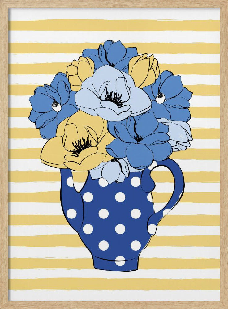 Blaue und gelbe Blumen in einer gepunkteten Vase | Poster