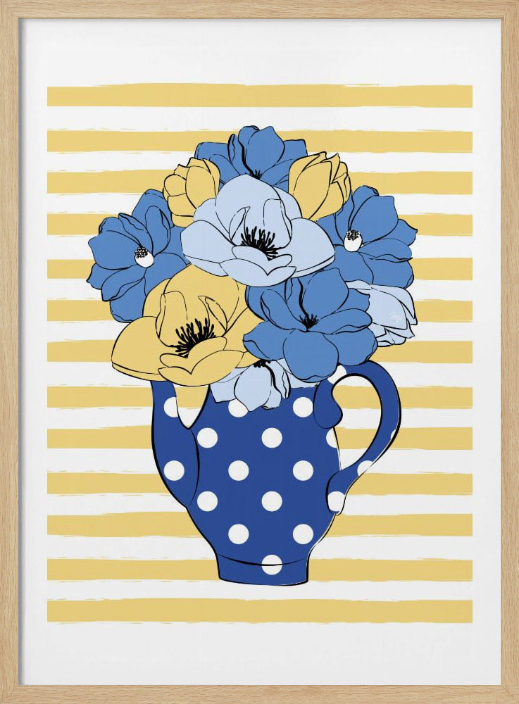 Blaue und gelbe Blumen in einer gepunkteten Vase | Poster