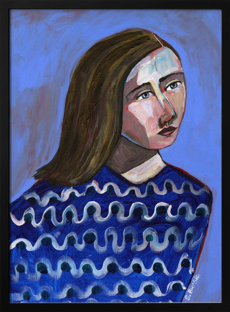 Frau im blauen Pullover Naives Porträt Figurativ | Poster