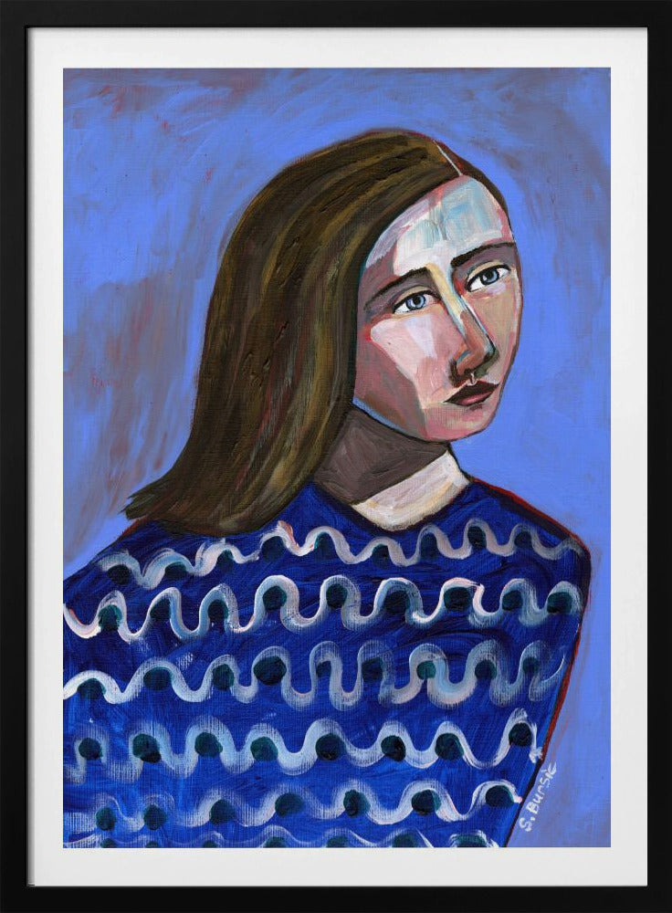Frau im blauen Pullover Naives Porträt Figurativ | Poster