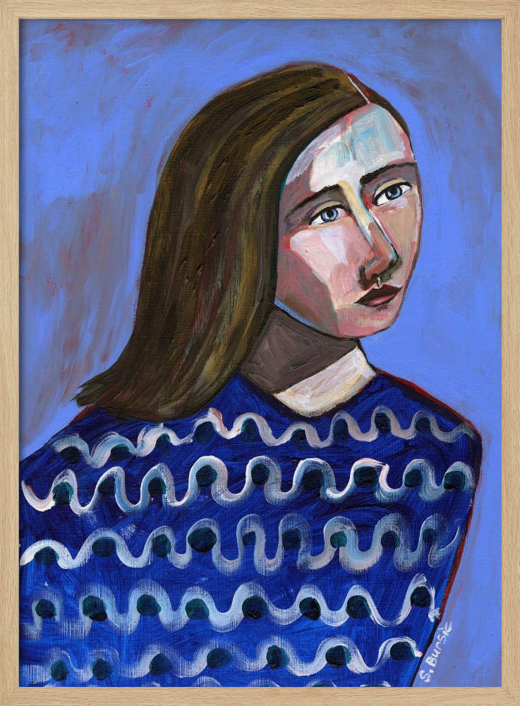 Frau im blauen Pullover Naives Porträt Figurativ | Poster