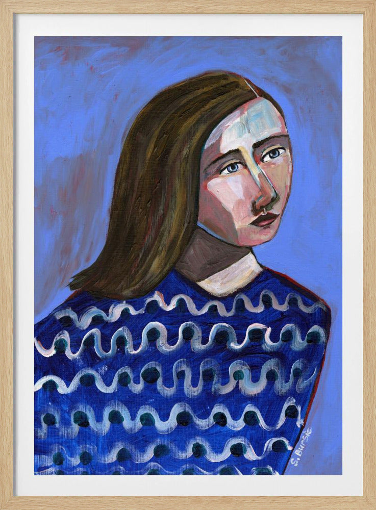 Frau im blauen Pullover Naives Porträt Figurativ | Poster