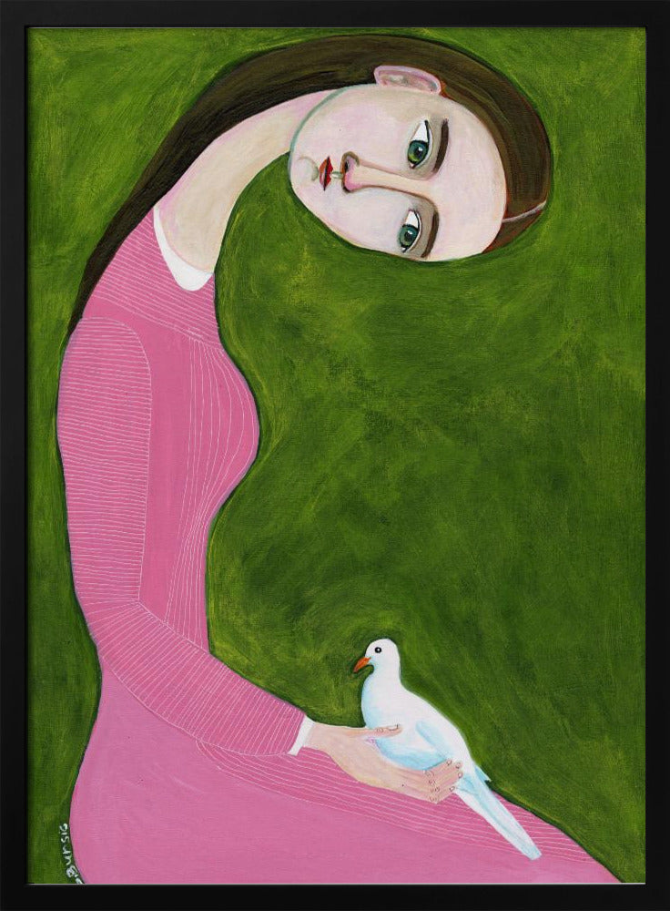 Mädchen mit Taube sitzend im rosa Kleid | Poster
