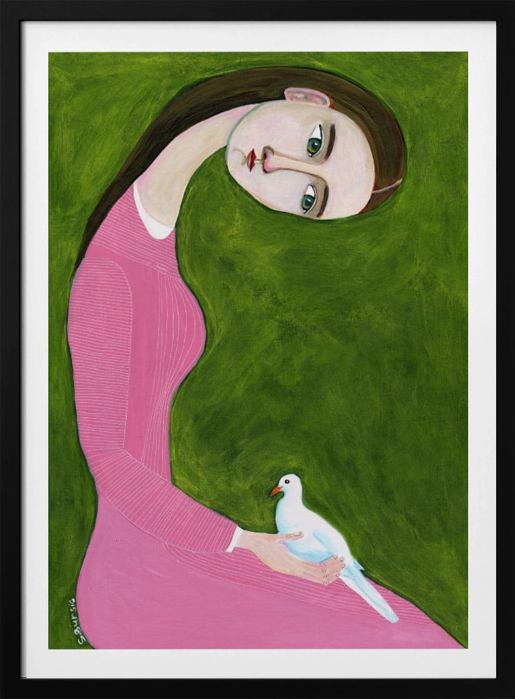 Mädchen mit Taube sitzend im rosa Kleid | Poster