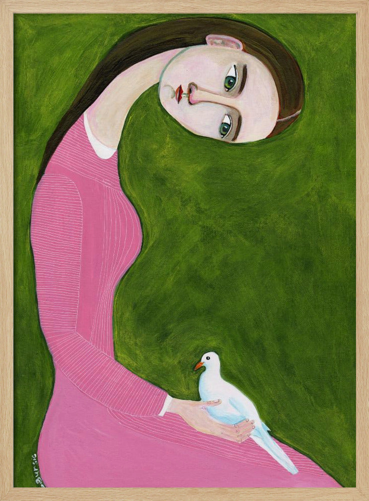 Mädchen mit Taube sitzend im rosa Kleid | Poster