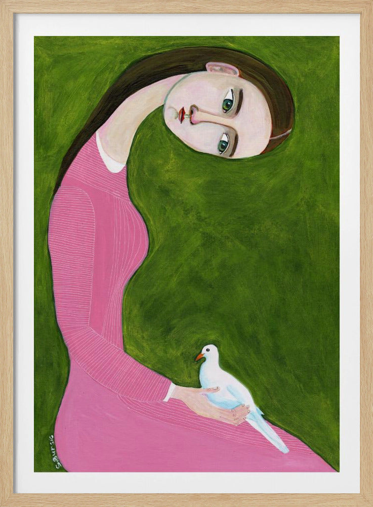 Mädchen mit Taube sitzend im rosa Kleid | Poster