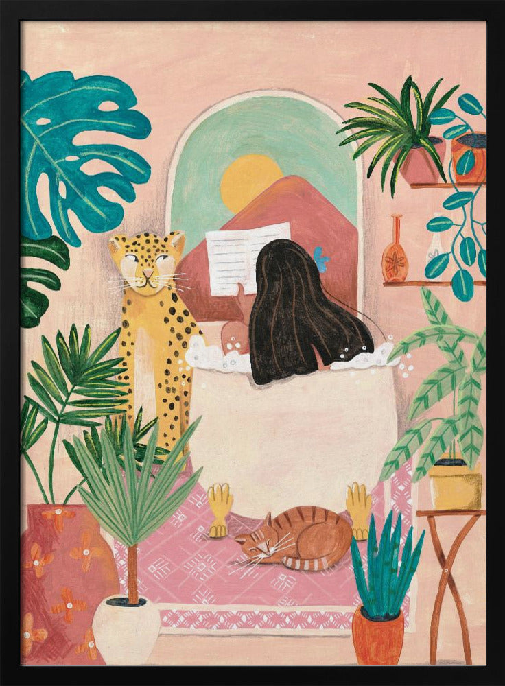 Frau badet in rosa tropischem Badezimmer | Poster