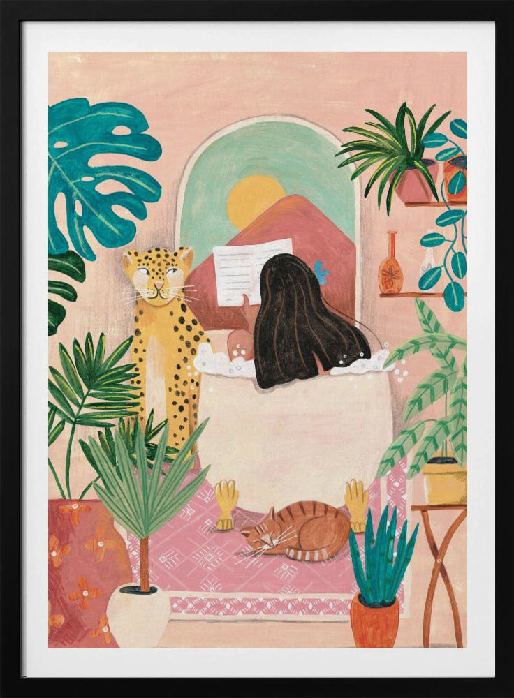 Frau badet in rosa tropischem Badezimmer | Poster