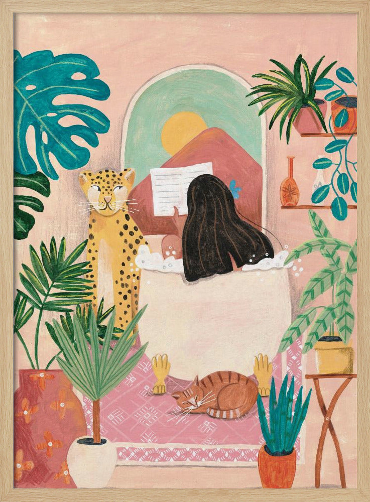 Frau badet in rosa tropischem Badezimmer | Poster