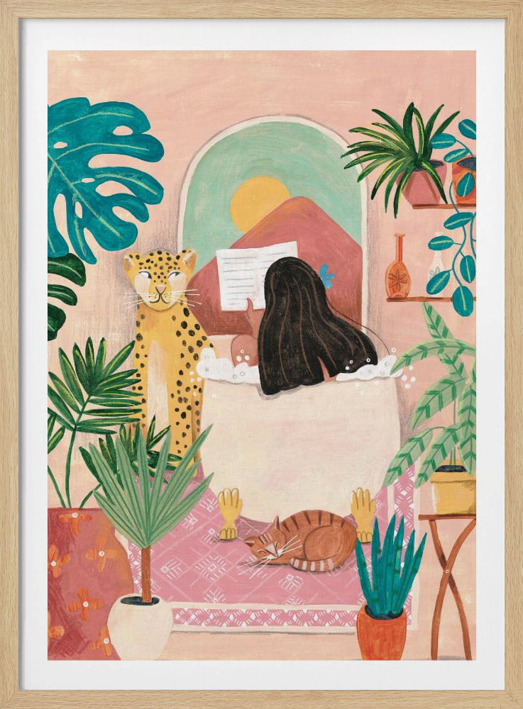 Frau badet in rosa tropischem Badezimmer | Poster
