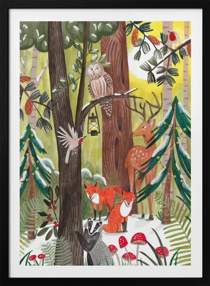 Grüner Weihnachtswald mit Tieren | Poster