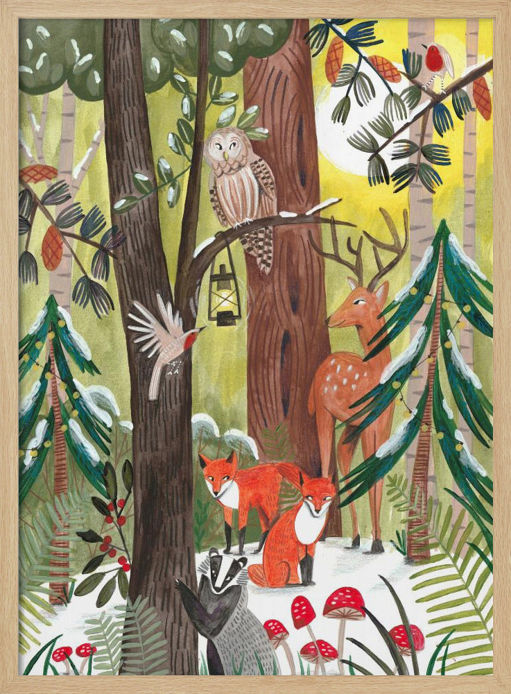 Grüner Weihnachtswald mit Tieren | Poster