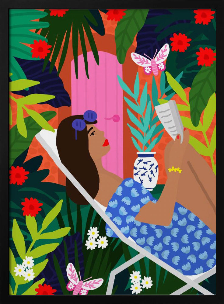 Sonnenbadendes Mädchen mit Blumenmuster | Poster