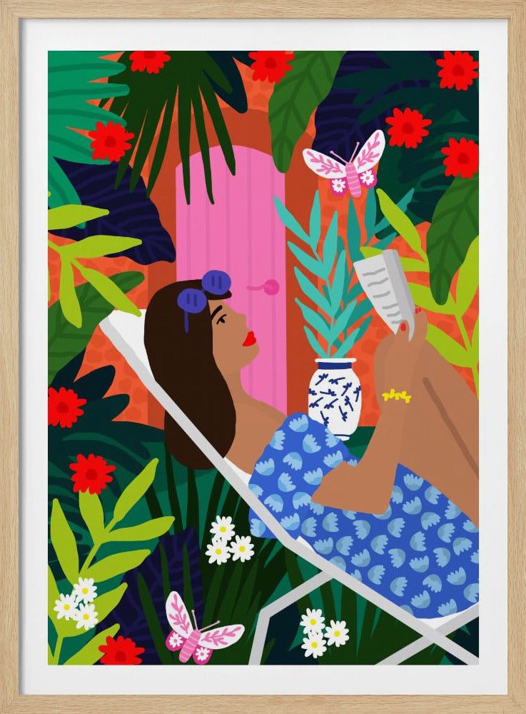 Sonnenbadendes Mädchen mit Blumenmuster | Poster