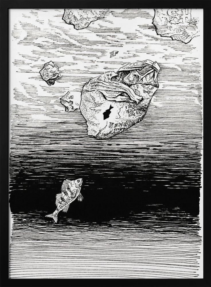 Midless. A Fish in the Plastic Sea Ink Drawing. | Poster