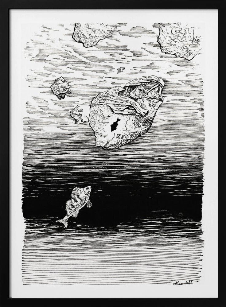 Midless. A Fish in the Plastic Sea Ink Drawing. | Poster