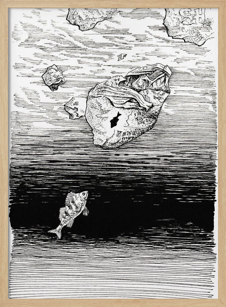 Midless. A Fish in the Plastic Sea Ink Drawing. | Poster