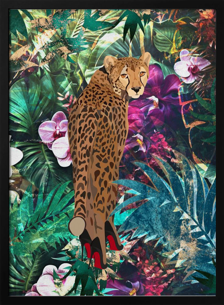Tropischer Blumendschungel – Gepard in High Heels | Poster