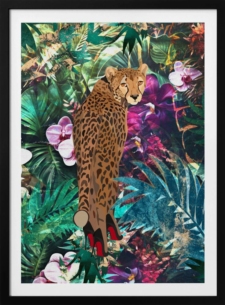 Tropischer Blumendschungel – Gepard in High Heels | Poster