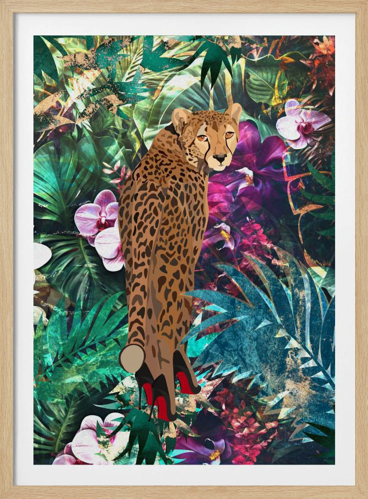 Tropischer Blumendschungel – Gepard in High Heels | Poster
