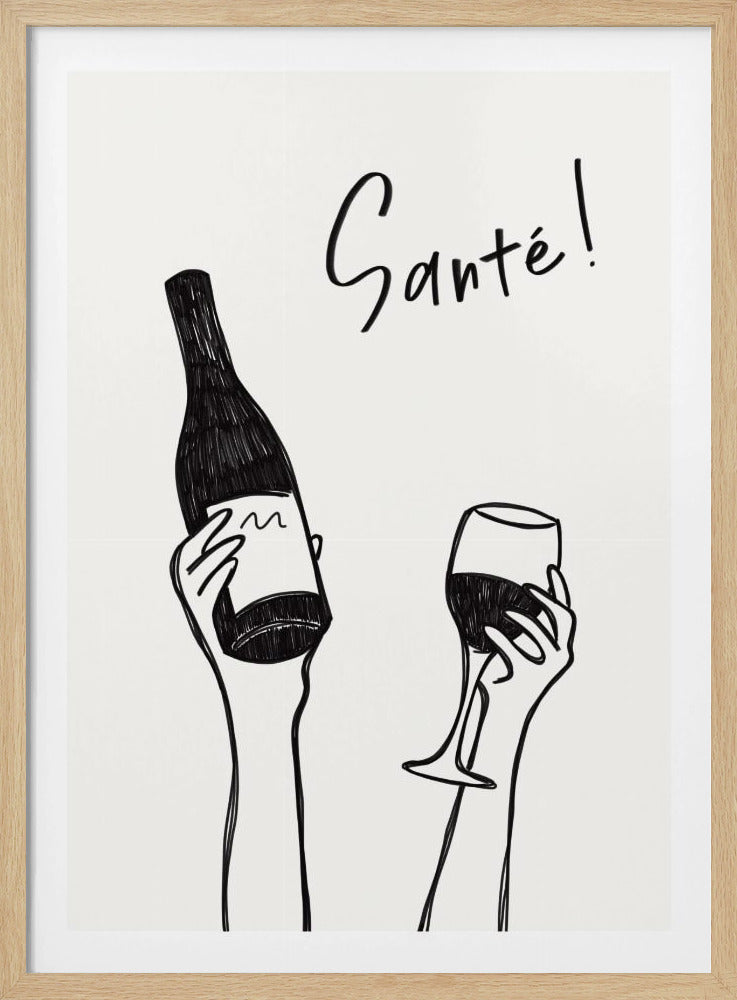 Hände halten eine Weinflasche und ein Weinglas mit dem Text „Prost!“ auf Französisch | Poster