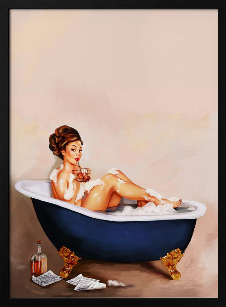 Badewannengetränke: Pinup-Girl trinkt im Badezimmer | Poster