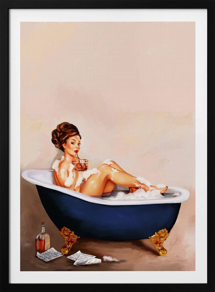 Badewannengetränke: Pinup-Girl trinkt im Badezimmer | Poster