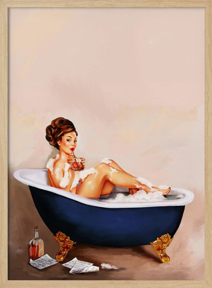 Badewannengetränke: Pinup-Girl trinkt im Badezimmer | Poster