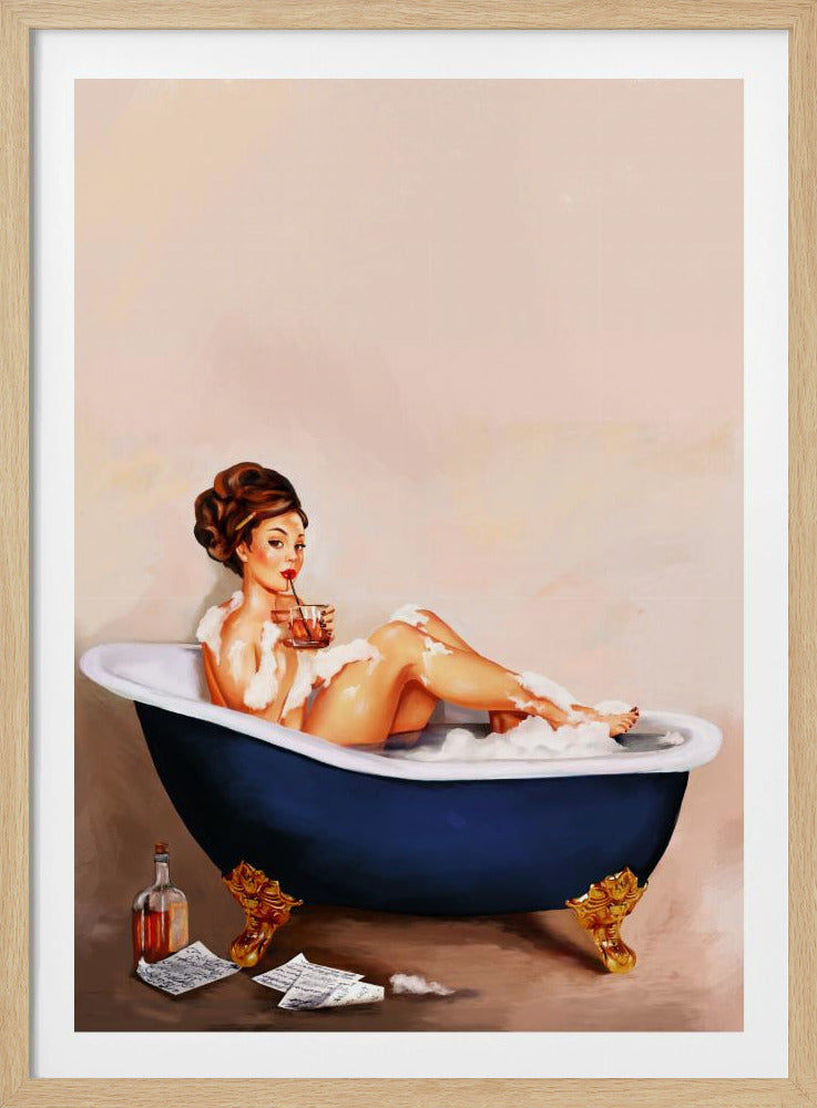 Badewannengetränke: Pinup-Girl trinkt im Badezimmer | Poster