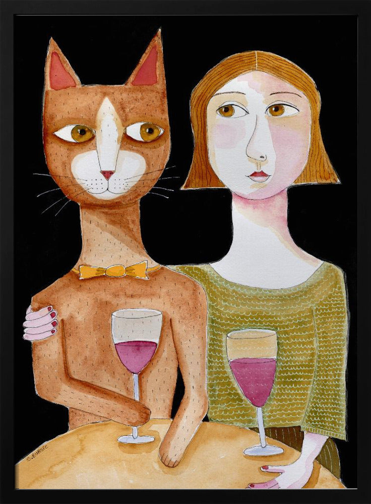 Beste Freunde Katze und Dame trinken Wein | Poster