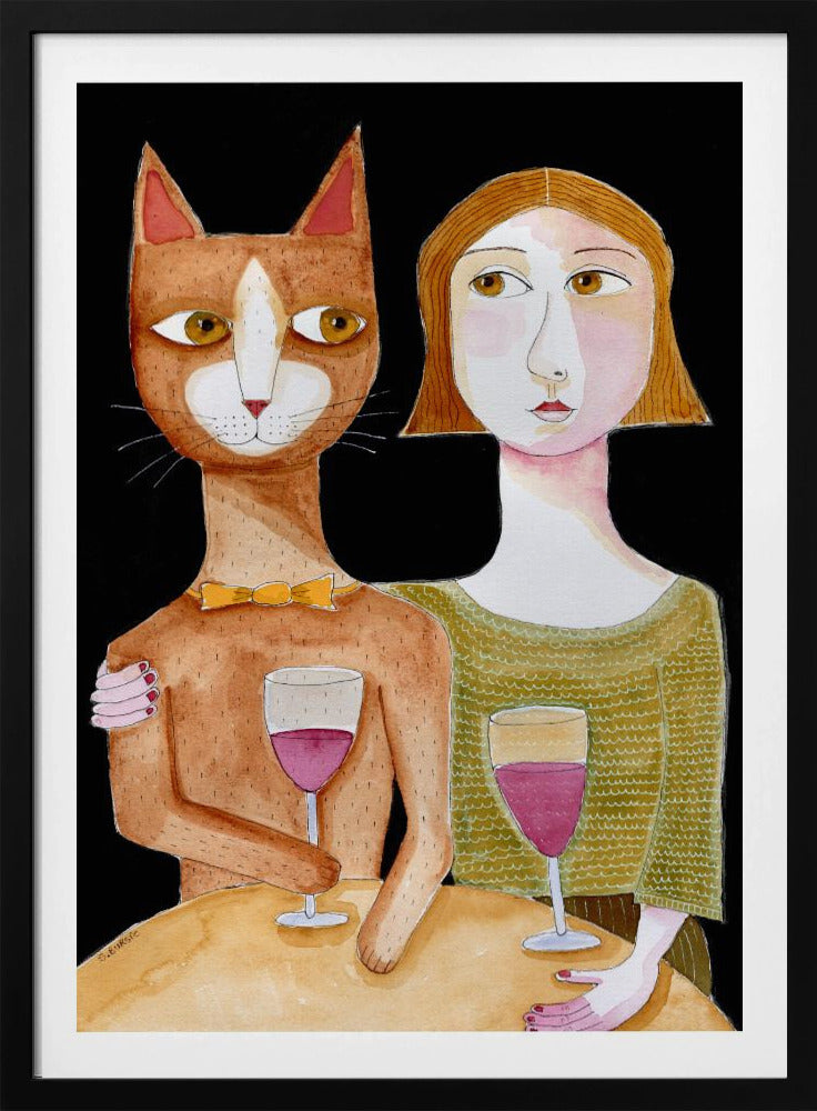 Beste Freunde Katze und Dame trinken Wein | Poster