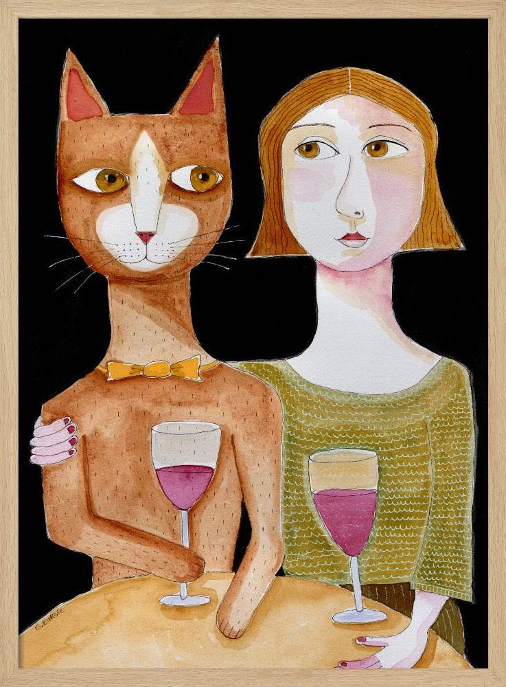 Beste Freunde Katze und Dame trinken Wein | Poster