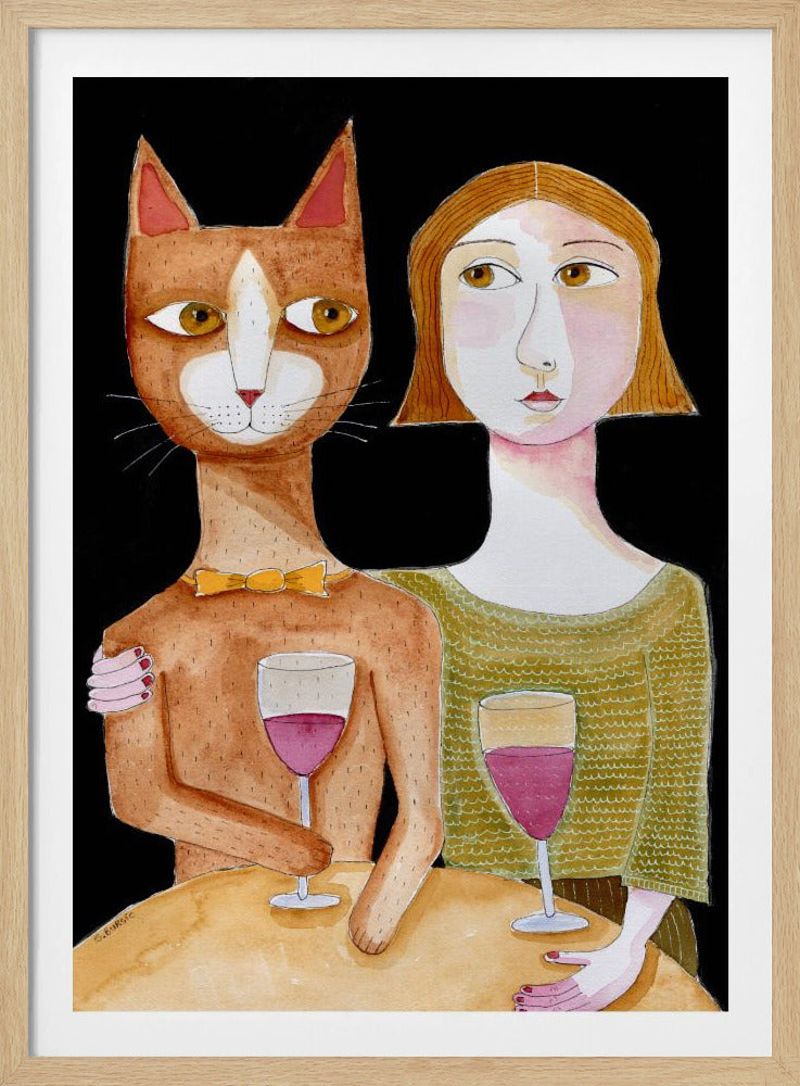 Beste Freunde Katze und Dame trinken Wein | Poster