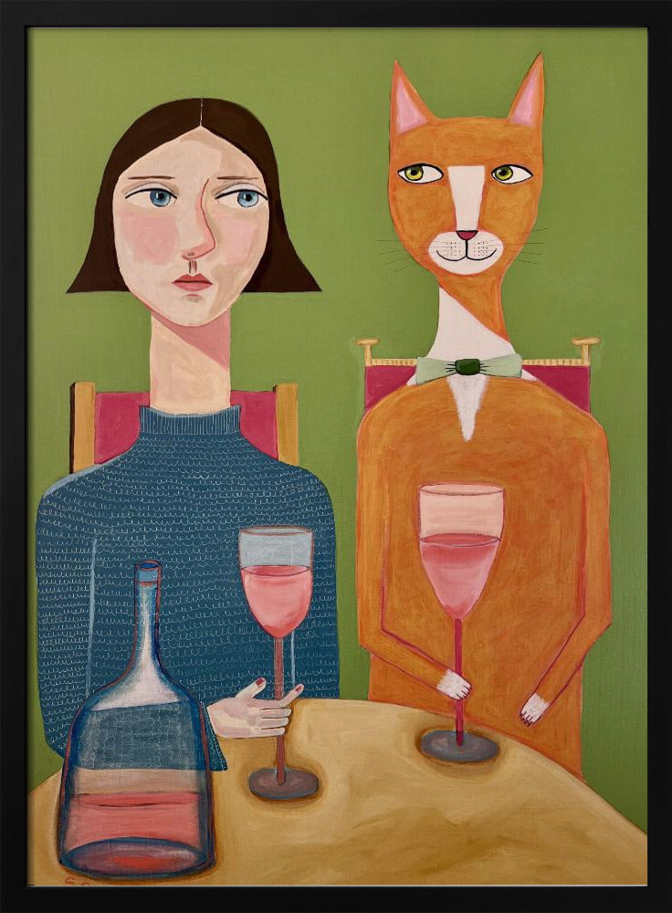 Dame und Katze trinken Wein | Poster