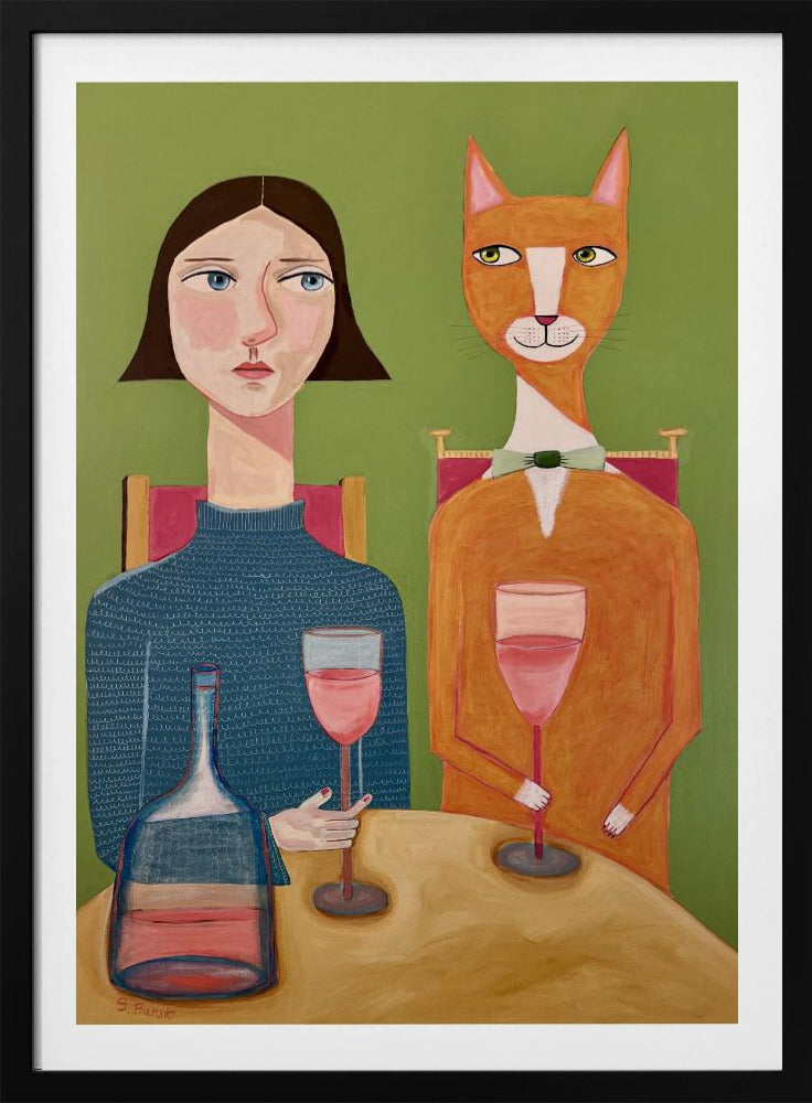 Dame und Katze trinken Wein | Poster