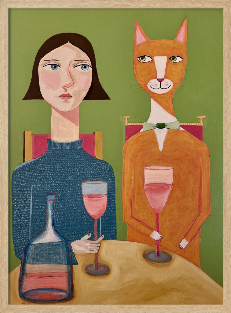 Dame und Katze trinken Wein | Poster