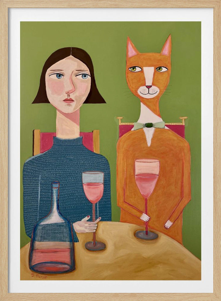 Dame und Katze trinken Wein | Poster