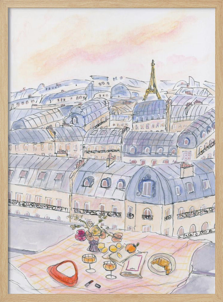 Picknick auf einem Pariser Dach mit Blick auf den Eiffelturm | Poster