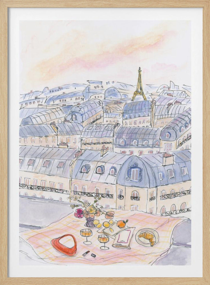 Picknick auf einem Pariser Dach mit Blick auf den Eiffelturm | Poster