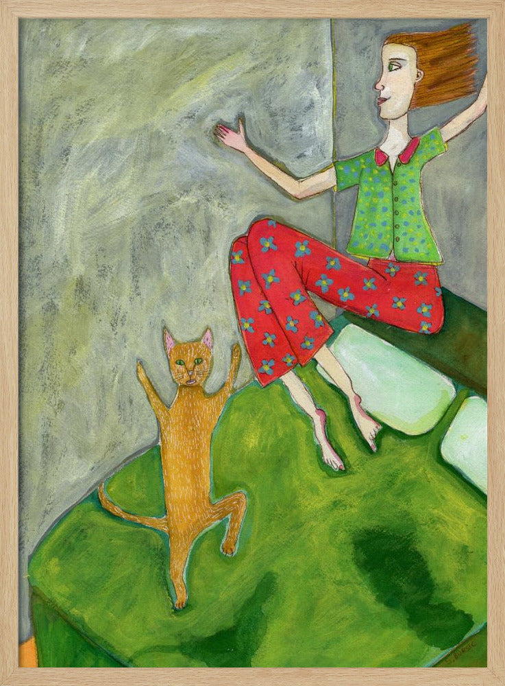 Katzenliebhaber springt fröhlich | Poster