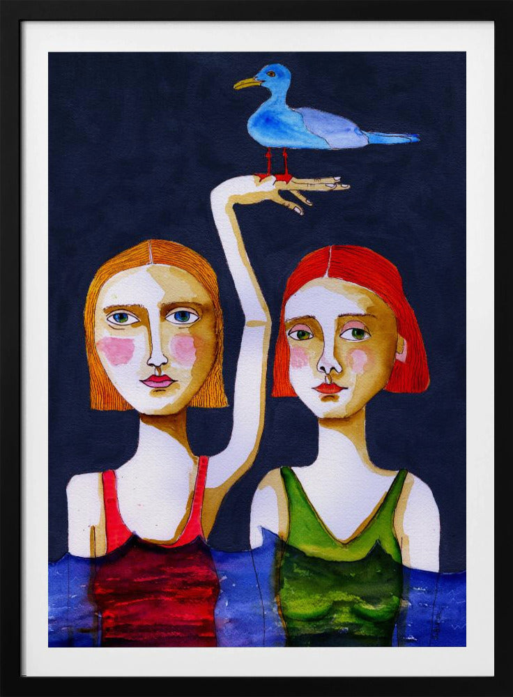 Schwimmende Mädchen mit blauer Möwe. | Poster