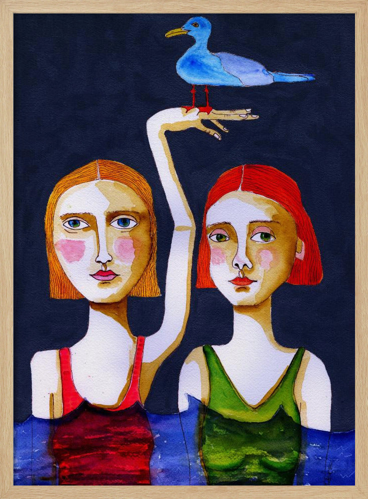 Schwimmende Mädchen mit blauer Möwe. | Poster